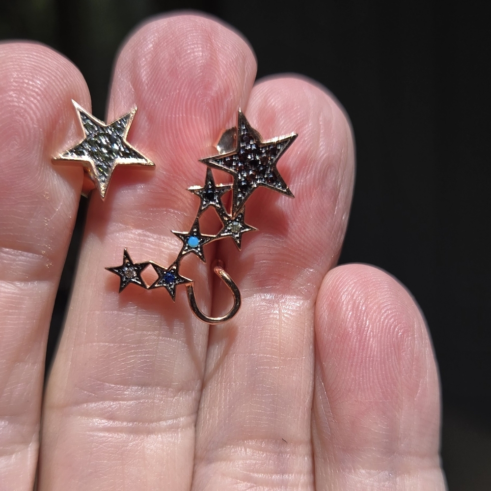 Gold Star ear cuff & stud multi colored gems Sterling & Gold - Picture 6 of 11